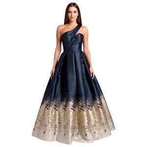 Terani Couture One Shoulder Long Ball Gown Navy Gold 1912E9180 Size 4